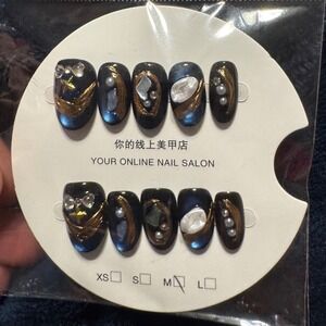 Press On Nails Coffee Blue Gold Art Pearl Detail Manicure False Nails